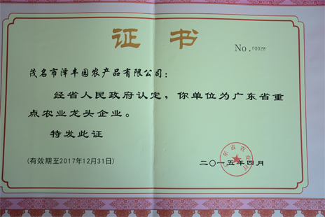 廣東省農業(yè)龍頭企業(yè)證書